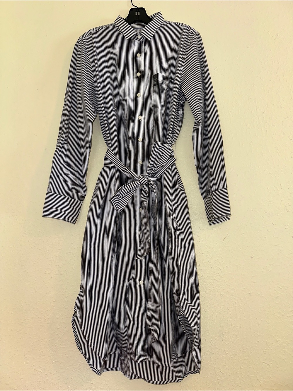 J. Crew Navy and White Striped Long-Sleeve Shirt Dress with Self-Tie Waist EUC - Picture 2 of 8